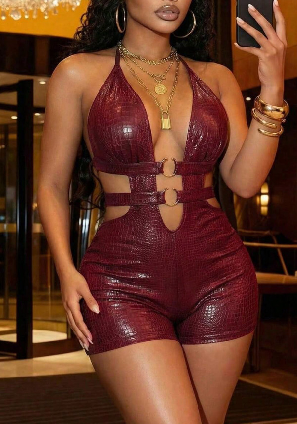 Women's Sexy Deep V Halter Neck Lace-Up Low Back Butt Lift Jumpsuit