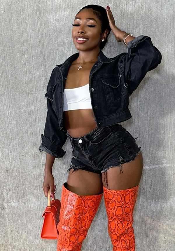 Autumn Winter Women's Denim Long Sleeve Stretch Shorts Two-Piece Set