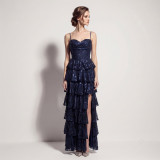 Women's Formal Party Lace-Up Sequin Cascading Ruffle Evening Maxi Dress