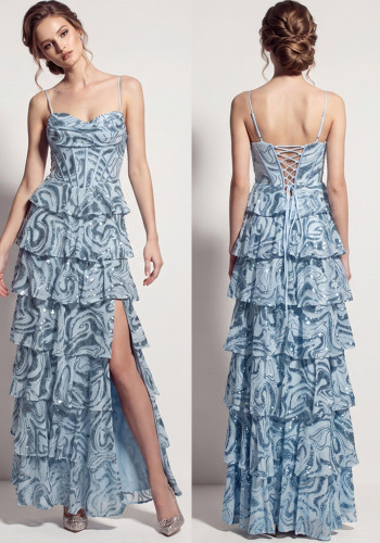 Women's Formal Party Lace-Up Sequin Cascading Ruffle Evening Maxi Dress