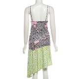 Women Summer Leopard Print Strapless V-Neck Vest Irregular Skirt