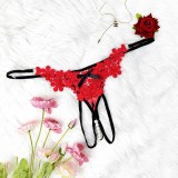 Women Red Floral Embroidered Thin Strap Metal Ring Bow Pearl Pendant Open Crotch Panties