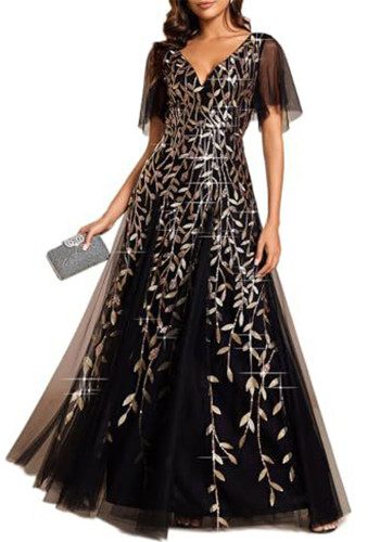 Women's Sequin V-Neck Flutter Sleeve Split Formal Evening Maxi Dress（Processing time need 3-6 days）