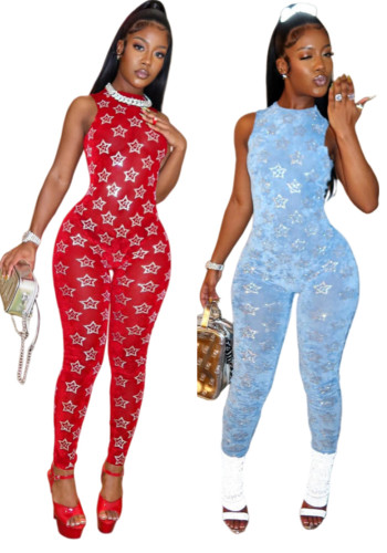 Autumn Winter Women's Shiny Mesh Sleeveless Sexy Jumpsuit