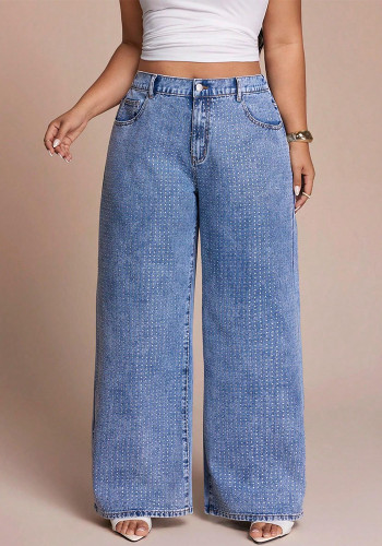 Plus Size Women Rhinestone Denim Wide-Leg Pants