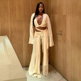 Women Autumn Solid Lace-Up Crop Top and Ribbon Bell Bottom Pant Two-Piece Set