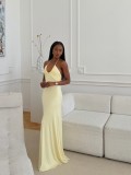 Women's Chic Halter Neck Low Back Ruched Bodycon Long Dress