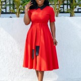 Summer Women's Chic Elegant Turndown Collar Color Block Plus Size Dress