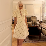 Women's Polka Dot Puff Sleeve Cut-Out Slim Waist Mini Dress