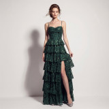 Women's Formal Party Lace-Up Sequin Cascading Ruffle Evening Maxi Dress