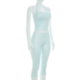 Summer Women's Casual Striped Print Halter Neck Lace-Up Top & Cropped Pants Two-Piece Set
