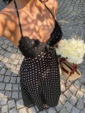 Spring Summer Women's Black Polka Dot Lace Cami Low Back V-Neck Dress