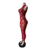 Autumn Winter Women's Shiny Mesh Sleeveless Sexy Jumpsuit