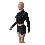 Autumn Winter Women's Denim Long Sleeve Stretch Shorts Two-Piece Set