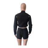 Autumn Winter Women's Denim Long Sleeve Stretch Shorts Two-Piece Set