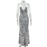 Summer Women's Black & White Print Halter Neck Bodycon Deep V Maxi Dress