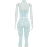 Summer Women's Casual Striped Print Halter Neck Lace-Up Top & Cropped Pants Two-Piece Set