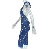 Women's Polka Dot Print Slim Waist Low Back Halter Neck Sleeveless Jumpsuit