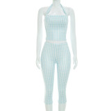 Summer Women's Casual Striped Print Halter Neck Lace-Up Top & Cropped Pants Two-Piece Set