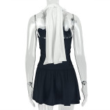 Women's Casual Black & White Color Block Halter Strapless Ruched A-Line Dress