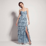 Women's Formal Party Lace-Up Sequin Cascading Ruffle Evening Maxi Dress