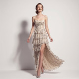 Women's Formal Party Lace-Up Sequin Cascading Ruffle Evening Maxi Dress