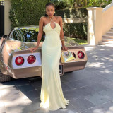 Women's Chic Halter Neck Low Back Ruched Bodycon Long Dress