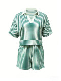 Summer Women's Casual Turndown Collar Two-Piece Shorts Set
