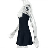 Women's Casual Black & White Color Block Halter Strapless Ruched A-Line Dress