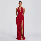 Women Halter Neck V-neck Sexy Lace-Up Backless Slit Dress