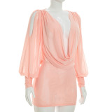 Women Summer Casual Long-Sleeved Halter Neck Backless Lace-Up Dress