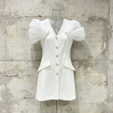 Women Formal Party V-neck Pleated Puff Sleeve Single-Breasted Rhinestone Button Blazer Dress