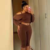 Women Autumn Sexy Slash Shoulder Top and Cropped Pants Two-Piece Set
