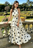 Women Sexy Polka Dot Print Halter Neck Sleeveless Top and Cake Skirt Two-Piece Set