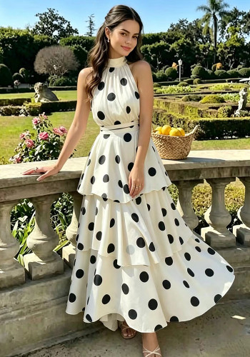 Women Sexy Polka Dot Print Halter Neck Sleeveless Top and Cake Skirt Two-Piece Set