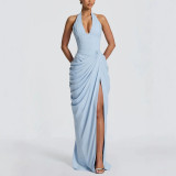 Women Spring Summer Halter Neck Slit Casual Holidays Tie-Up Dress