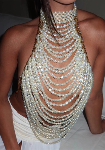 Women Pearl Strapless Halter Neck Chain Top
