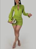 Women Autumn Sexy Cross-Neck Pleated Shirt Dress