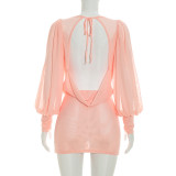 Women Summer Casual Long-Sleeved Halter Neck Backless Lace-Up Dress