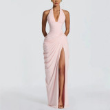 Women Spring Summer Halter Neck Slit Casual Holidays Tie-Up Dress