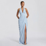 Women Halter Neck V-neck Sexy Lace-Up Backless Slit Dress