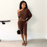 Women Autumn Sexy Slash Shoulder Top and Cropped Pants Two-Piece Set