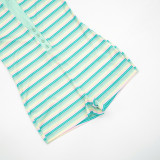 Women Autumn Striped Print V-Neck Short-Sleeve Romper