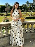 Women Sexy Polka Dot Print Halter Neck Sleeveless Top and Cake Skirt Two-Piece Set