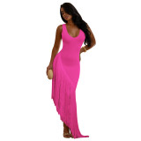 Women Sexy Strapless Backless Tassel Patchwork U-Neck Dress