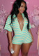 Women Autumn Striped Print V-Neck Short-Sleeve Romper