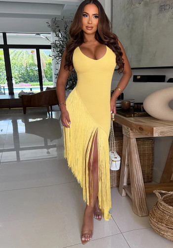 Women Sexy Strapless Backless Tassel Patchwork U-Neck Dress