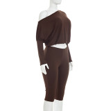 Women Autumn Sexy Slash Shoulder Top and Cropped Pants Two-Piece Set