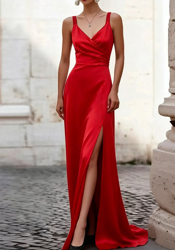 Women Spring Summer Sexy Strapless V-Neck Backless Slit Camisole Maxi Dress