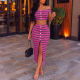 Women Off-Shoulder Striped Crop Top Slit Bodycon Skirt Two-Piece Set